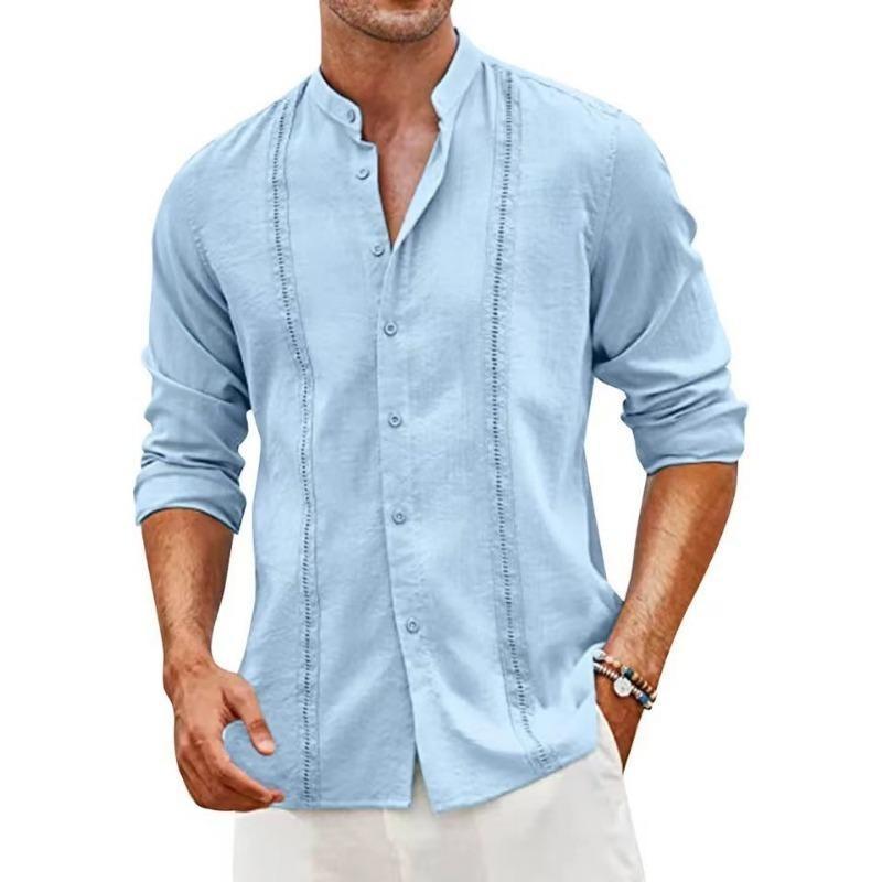Cotton linen shirt stand-up collar European and American men's casual buttons summer beach vacation