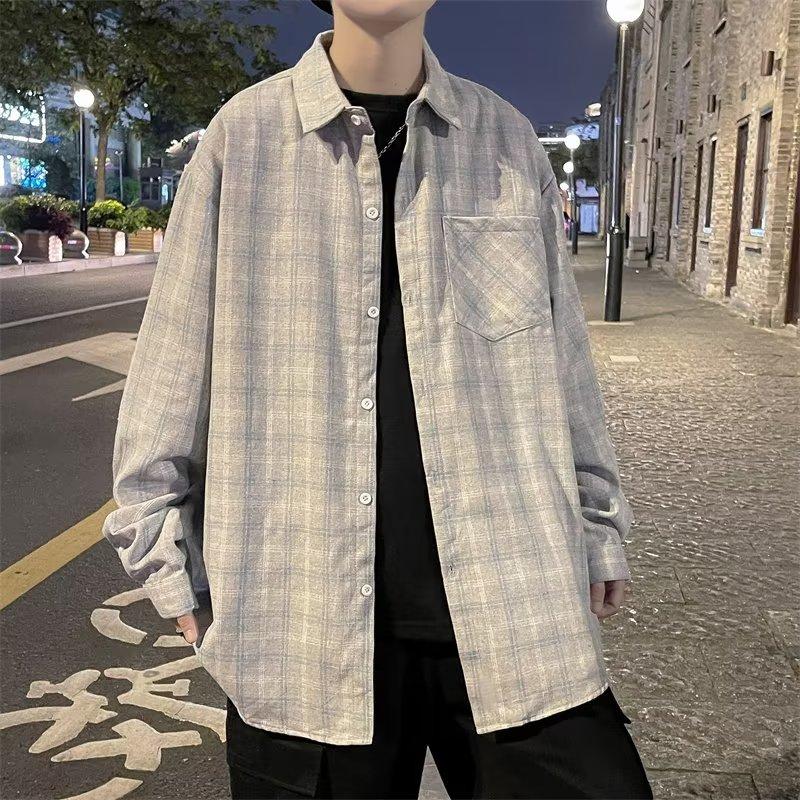 Autumn Shirt Men'S Korean Style Trendy Loose Checkered Shirt Jacket Long Sleeved Top