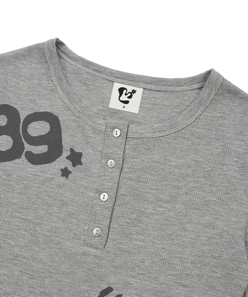 LMR Lettering Graphic Waffle Henley Neck Long Sleeve T-Shirt Grey