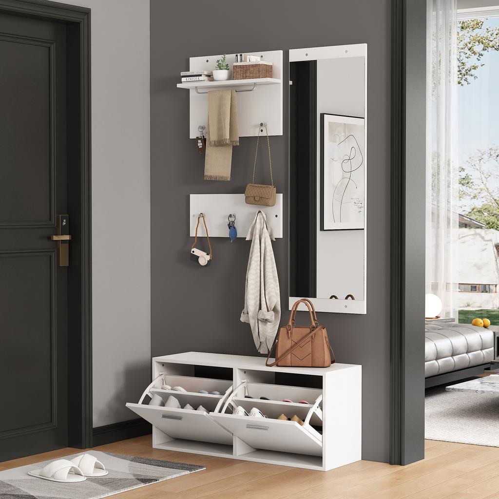 90*30*41.5cm 4-Piece Coat Rack Set with Mirror, 2 Hat Shelves and Shoe Cabinet, Compact Coat Rack with 6 Coat Hooks, White
