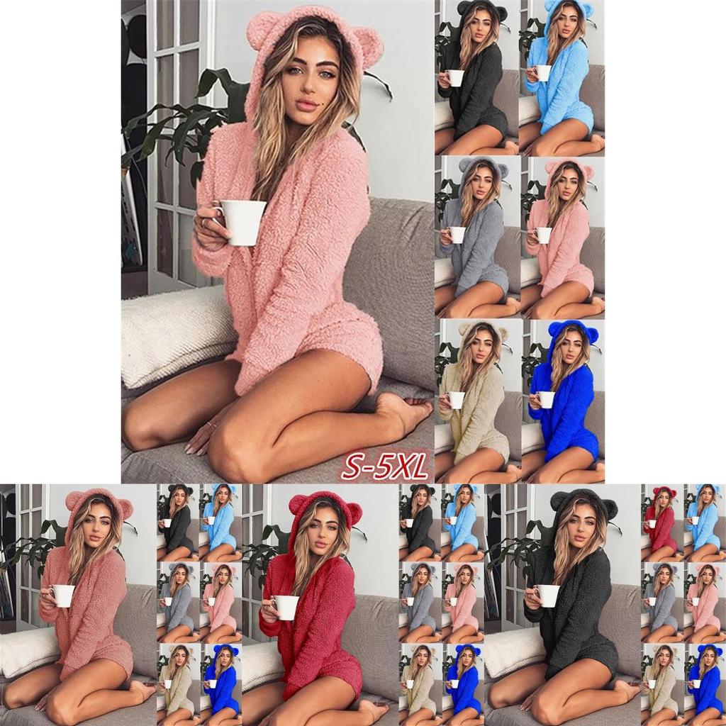 Cozy Women's Fluffy Faux Fleece Hooded Shorts Romper Pajamas Nightwear Set