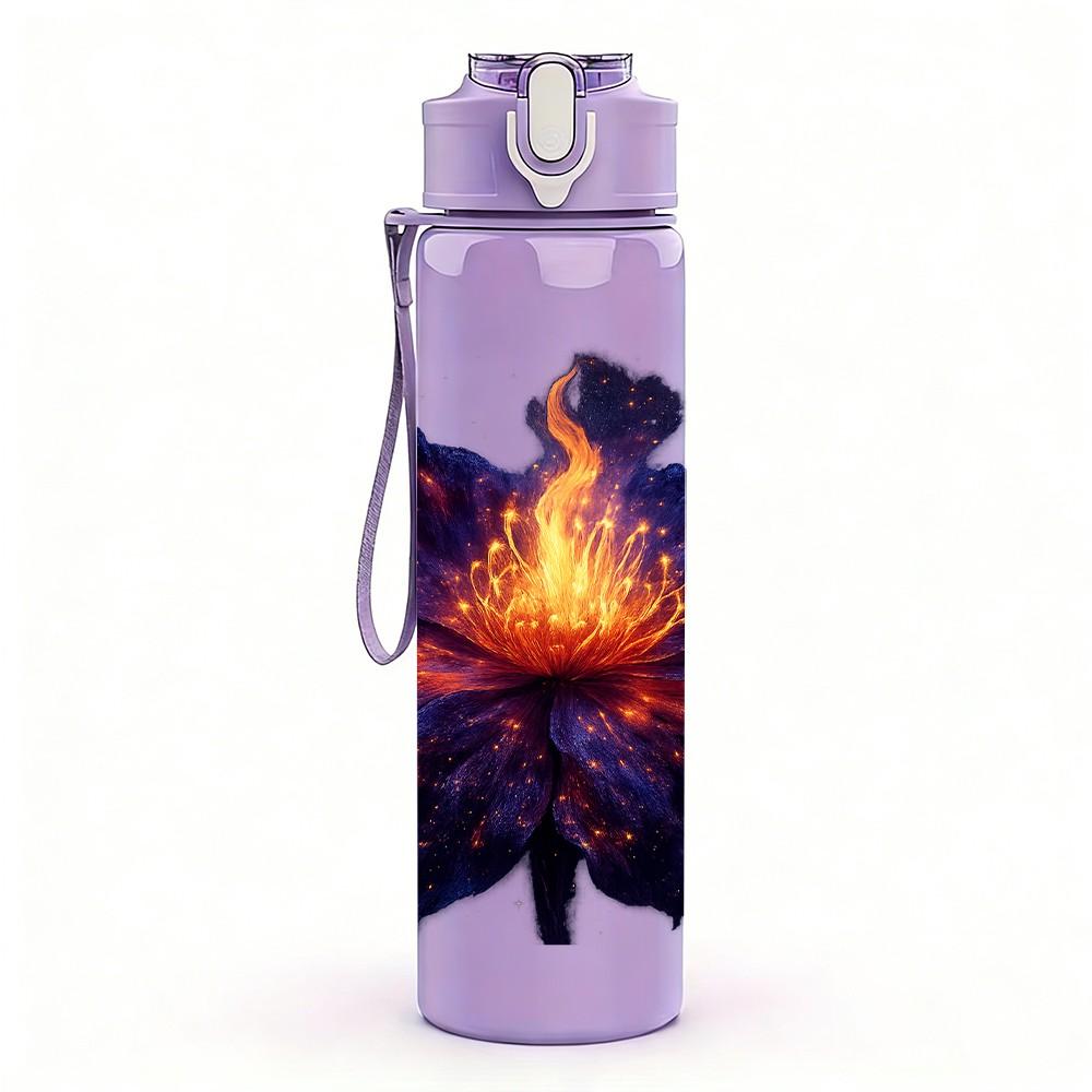 1PC Dark Purple Glowing Fantasy Night Flower Print 750ml Color Plastic Sports Water Bottle Leakproof Flip Straw Lid Suitable for Sports Office Use