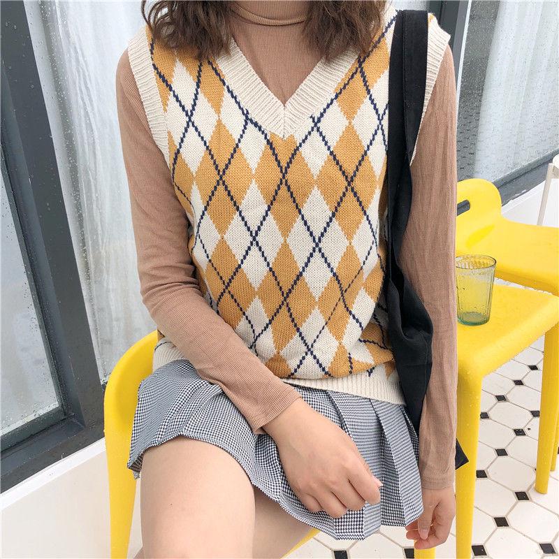 Karierter ärmelloser Pullover, lockerer Strickpullover im Studenten-College-Stil, Tanktops für Damen