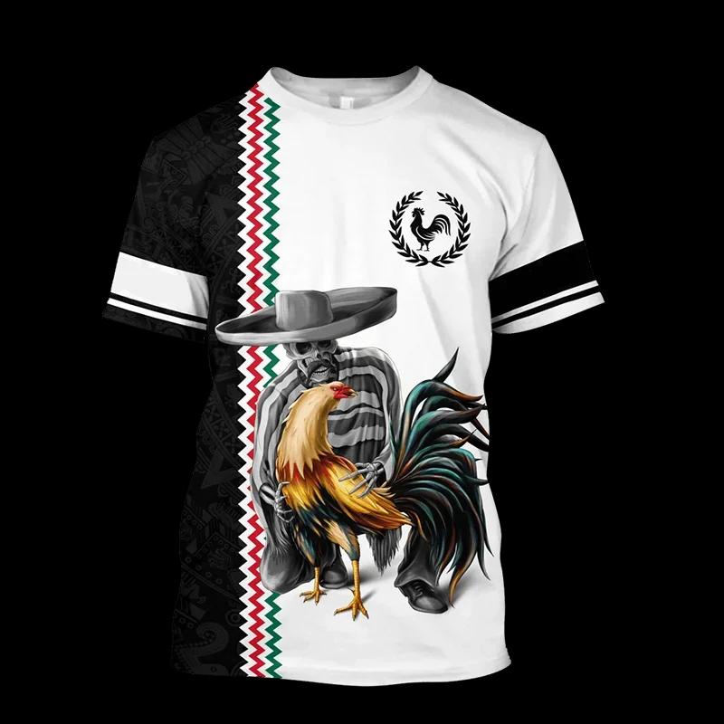 Fighting Rooster 3D Printed Round Neck T-shirt for Men, Fashionable Short Sleeved Pullover, Casual Street Harajuku Tops
