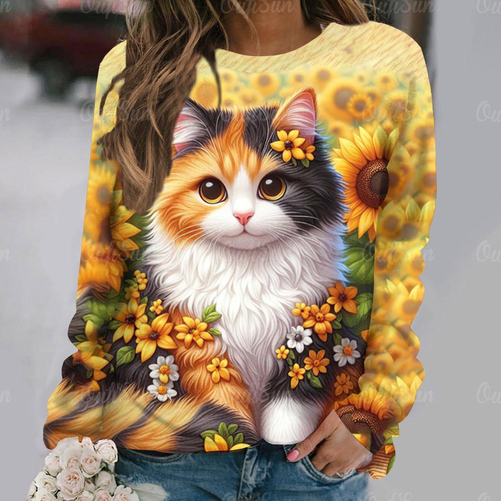 Flowers Cat  Long Sleeves Women Colorful Animal 3D Clothing  Tops O-Neck Cotton Clothes T-Shirt