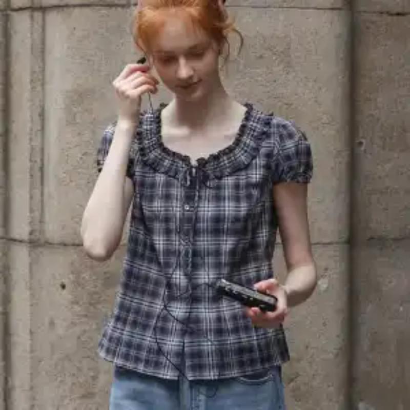 

Women s Summer Plaid Ruffle Collar Short Sleeve Button Down Blouse Casual Top XXL чорний
