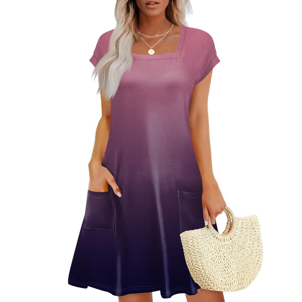 Summer Dresses For Women Loose Square Neck Cap Sleeve Casual Beach Vacation Tshirt Dress Sundresses With Pockets