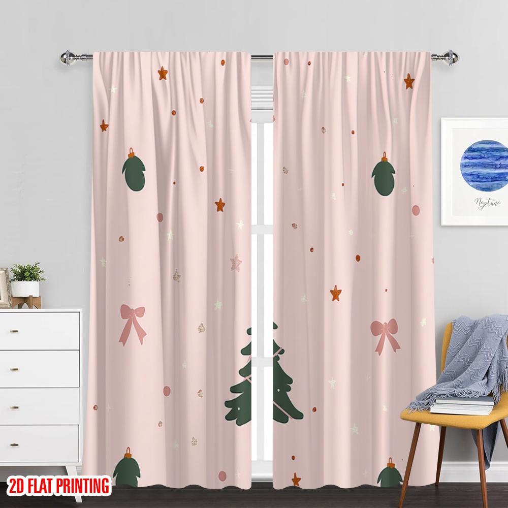 Set Of 2 Plane Printing Curtain Fabric Christmas Tree Baubles Bows Stars Versatile Without Rod Festive Perfect Made Polyester