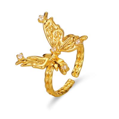 Copper-Plated 18K Real Gold, French Niche Retro Elegant Temperament Zircon Inlaid Butterfly Open Ring Women'S Hand Jewelry