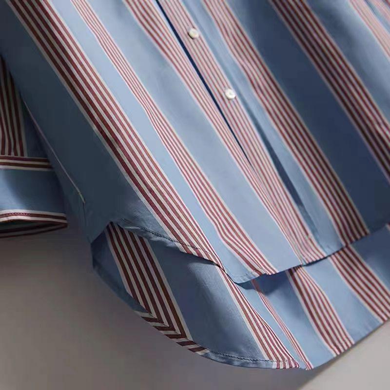 Fashion Contrasting Colors Striped Shirt Spring Autumn Korean Long Sleeve Female Clothing Single-breasted Polo-Neck Loose Blouse