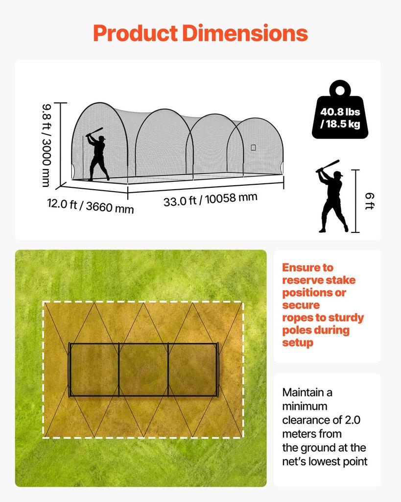 Baseball Batting Cage, 10058 x 3660 x 3000mm Freestanding Portable Batting Cage, Hitting Cages with 4-Ply Knotless Polyester & Pitching Machine