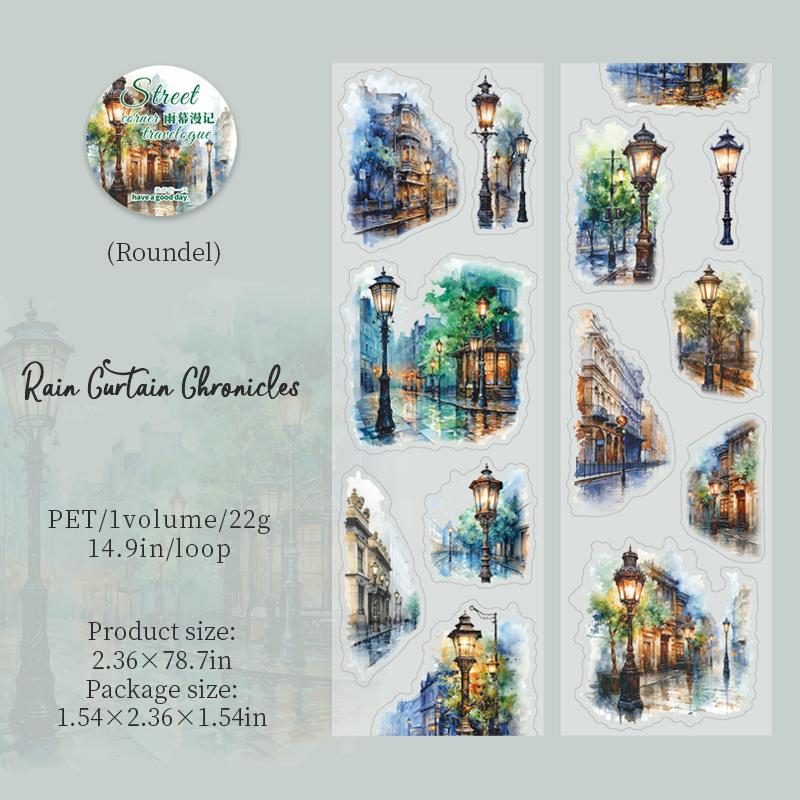 2m/roll PET Die-cut Tape Romantic City Travel Street Landscape Street Light Pattern Tape Creative DIY Greeting Card Decoration