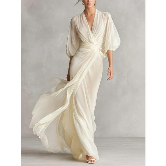 European & American Socialite Deep V-neck Puff Sleeve Cinched Waist Long Dress for Autumn Banquets
