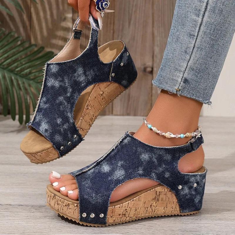 Fashion 2025 Plus Size Female Shoes Open Toe Women's Sandals Summer Denim Daily Sandals Women Round Toe Platform Wedges Shoes Women