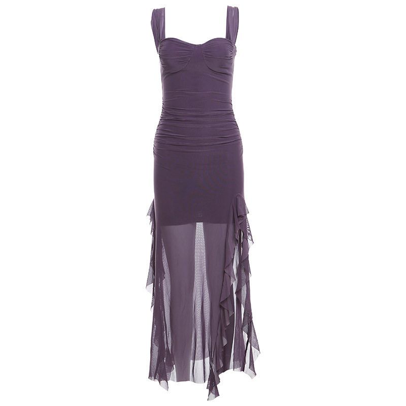 European and American Style 2024 Amazon Spring and Summer New Women s Fashion Sexy Strapless Split Hem Bodycon Long Dress Purple S