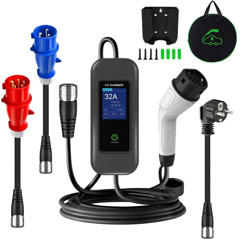 22KW 32A Type 2 Electric Vehicle Charging 5M Cable Ev Charger Ev Charge Current Auto Adjustable with 3 adapter cables