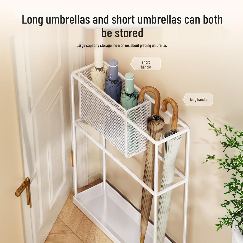 Stojak na parasole z kutego żelaza: Smukły stojak do przechowywania w drzwiach z półką ociekową