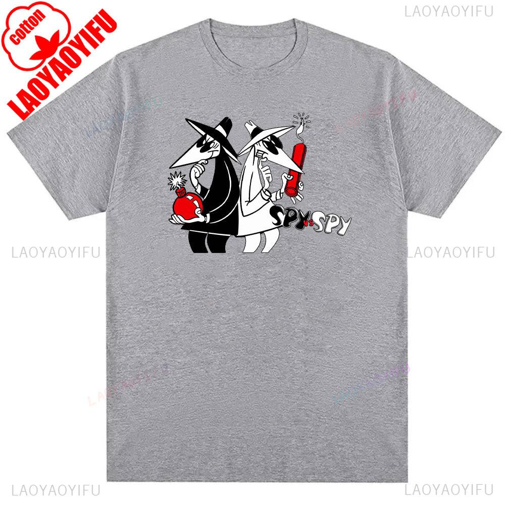 Mens Spy Vs Spy Graphic T Shirt Summer Cotton Crew Neck Retro 80s Cartoon Print Funny Humorous Vintage Style Fashion Tee Shirts