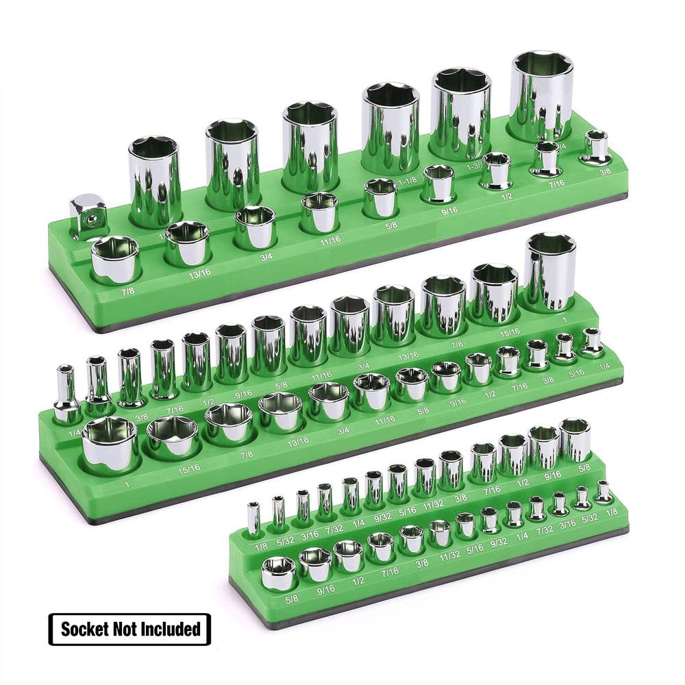 

Набор из 3 магнитных держателей для гнезд, набор для ремонта, 1/4 &3/8 &1/2 привод, 68 слотов, профессиональный качественный органайзер для инструментов зелёный