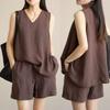 Summer Cotton Linen Casual Sleeveless Two-Piece Set Simple Top Shorts Fashion Design Comfortable Polyester Blend Women's Outfit