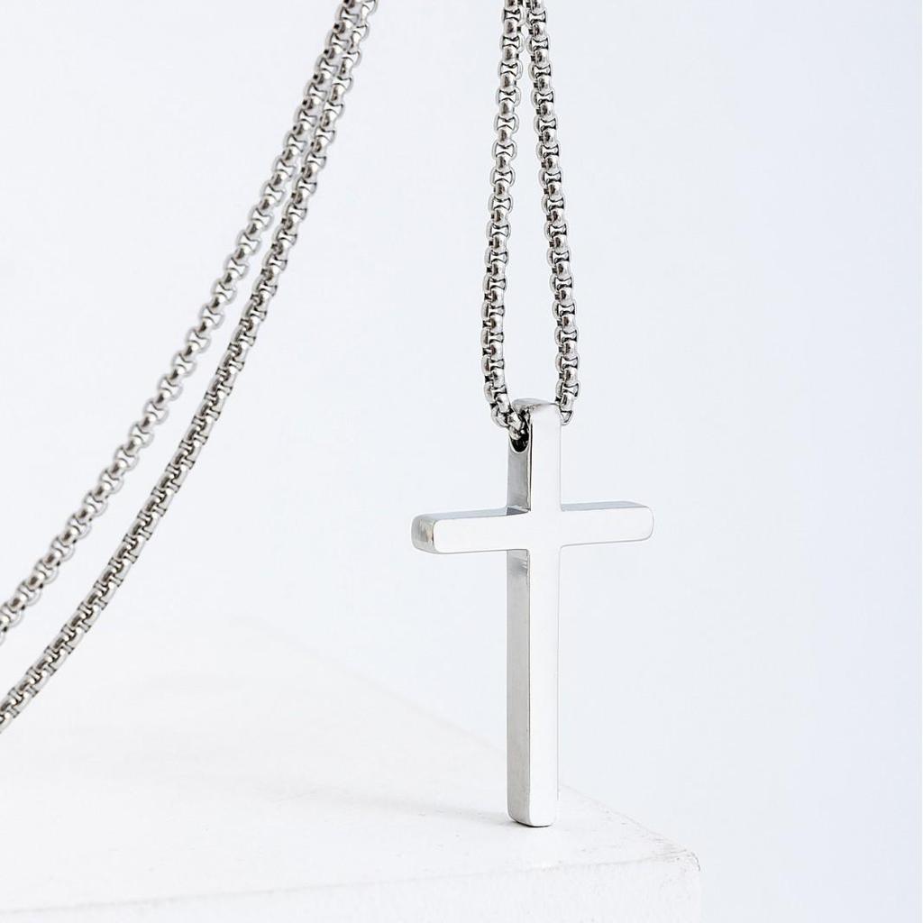 Men's Stainless Steel Cross Necklace - Long, Polished Titanium Pendant, Versatile Style