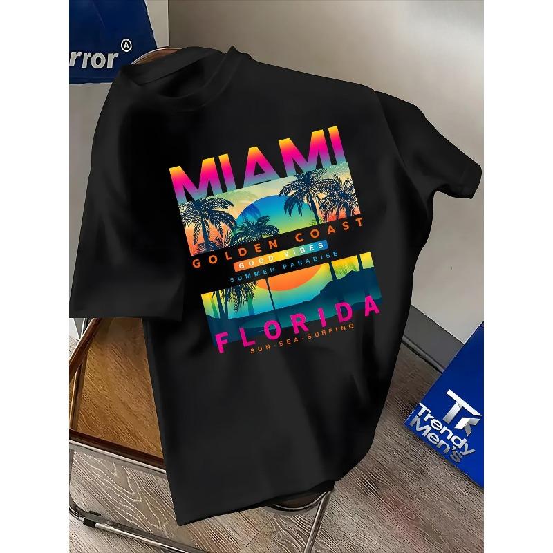 Herren-T-Shirt mit Palmen-Sonnenuntergangs-Print - Atmungsaktiv, Kurzarm, Rundhals, Lässig, Sommerliche Strandbekleidung für den täglichen Gebrauch