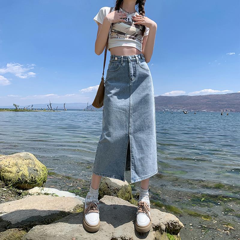 

2024 Джинсовая юбка с высокой талией и разрезом: Женское платье А-силуэта средней длины на весну, лето и осень L