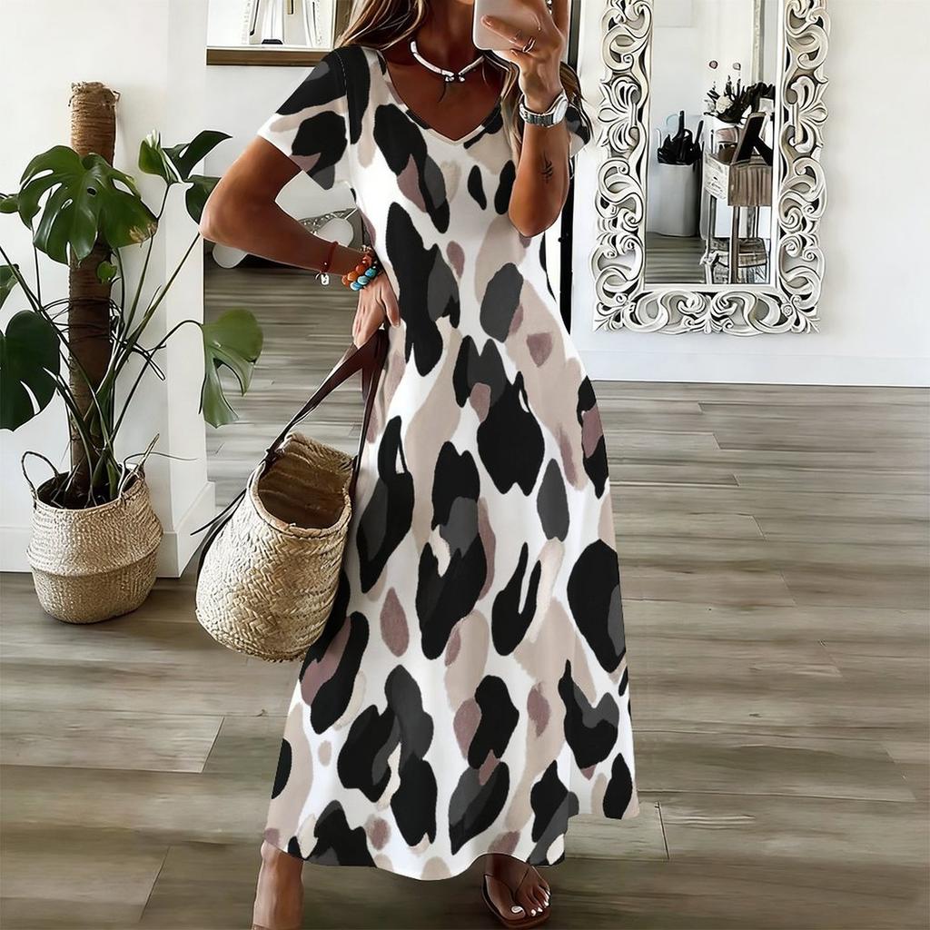 Women Plus Size V Neck Short Sleeve Blue White Printed Straight Maxi Dress