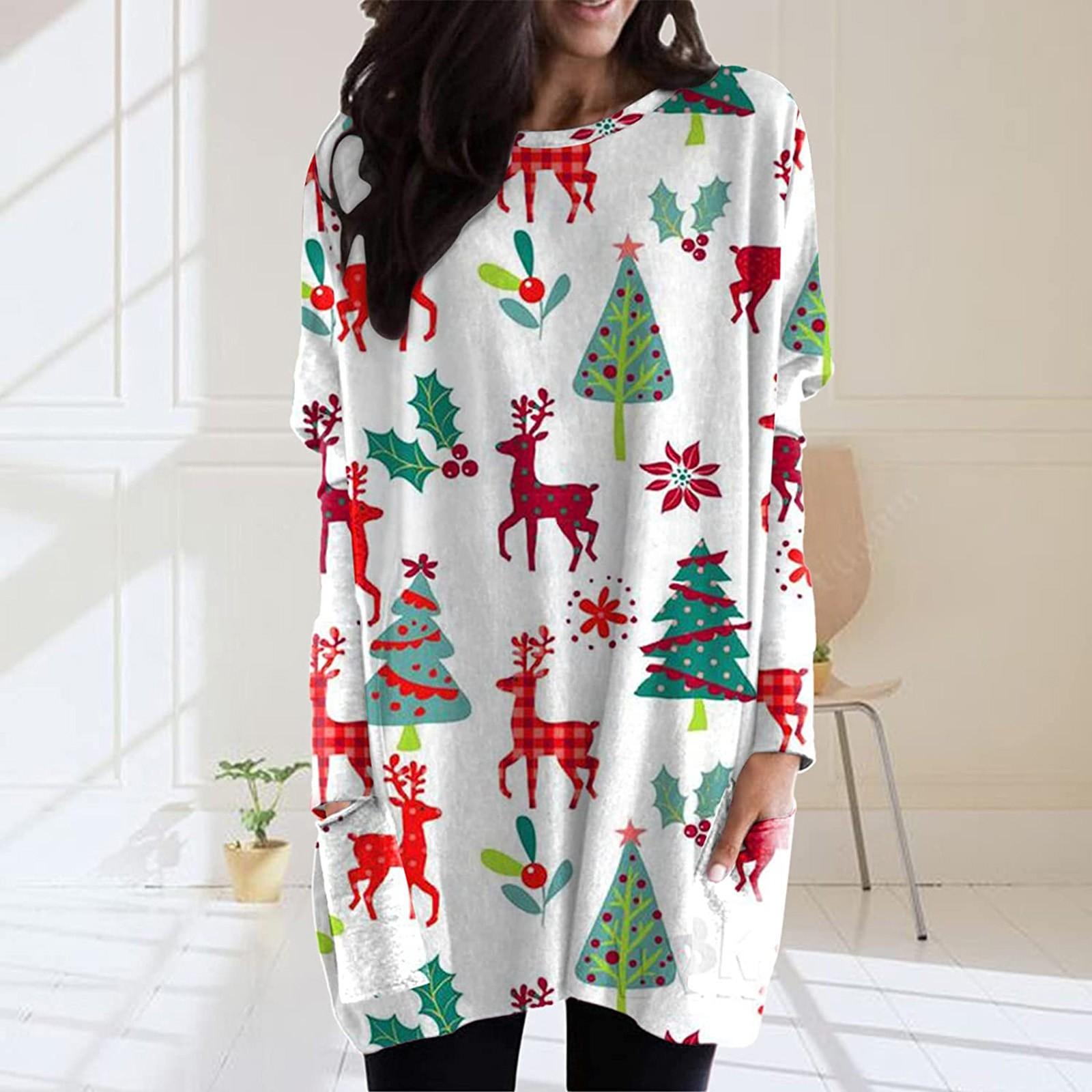 

Christmas Party Dress Women s Casual Round Neck XL Retro Printed T-Shirt Dress XL білий
