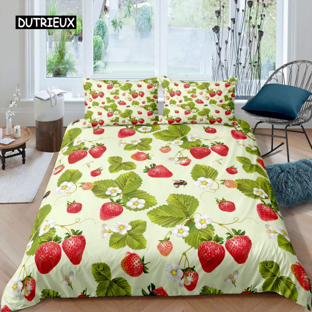 Erdbeer-Bettbezug-Set für Mädchen, King-Size-Bettbezug-Set, rote Erdbeer-Bettwäsche, Essen, Obst, Bettbezug für Kinder, Geschenk