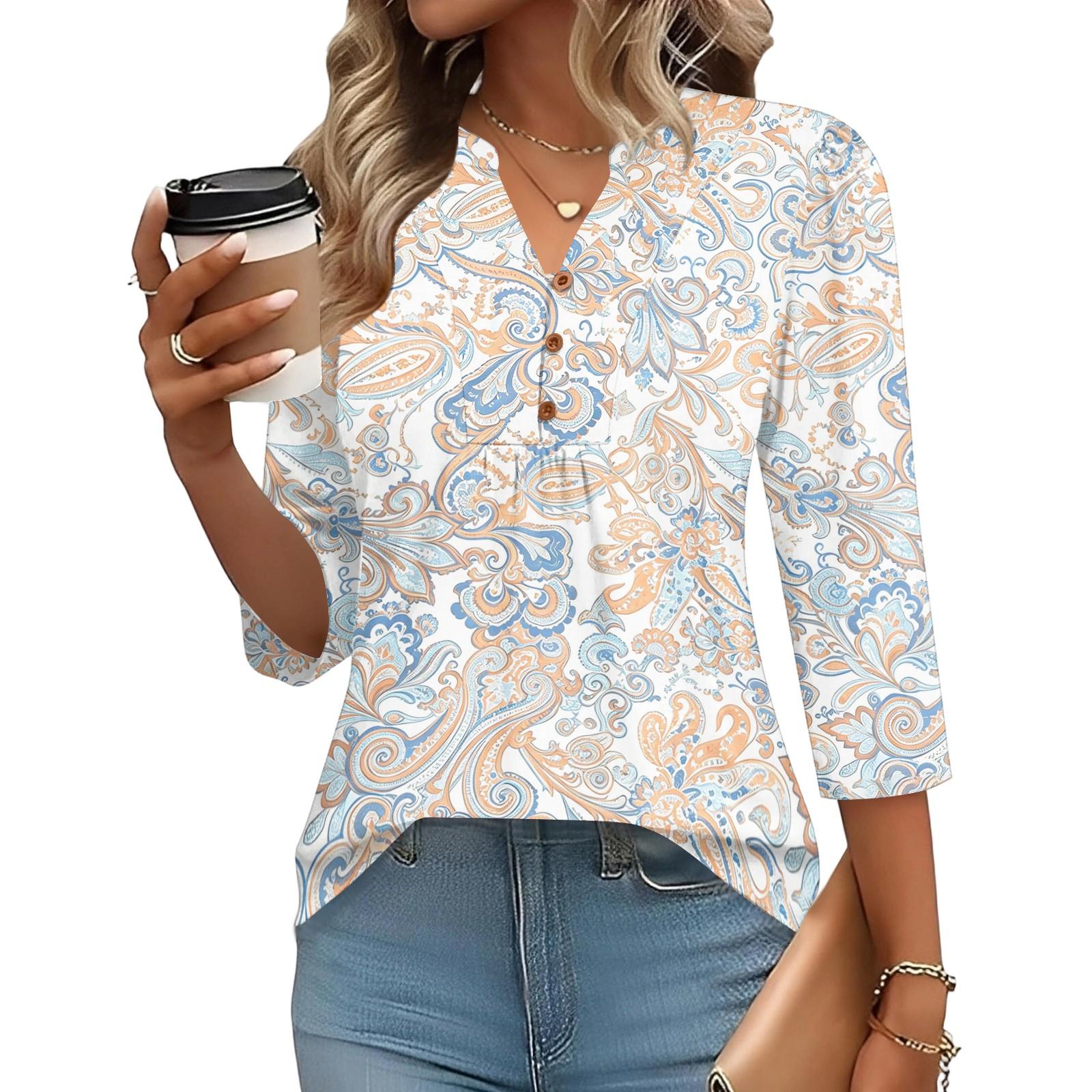 

Women’s Fashion Loose Fit Three Quarter Sleeve Top with Print V Neck Button Comfortable Blouse for Daily Wear XL жовтий