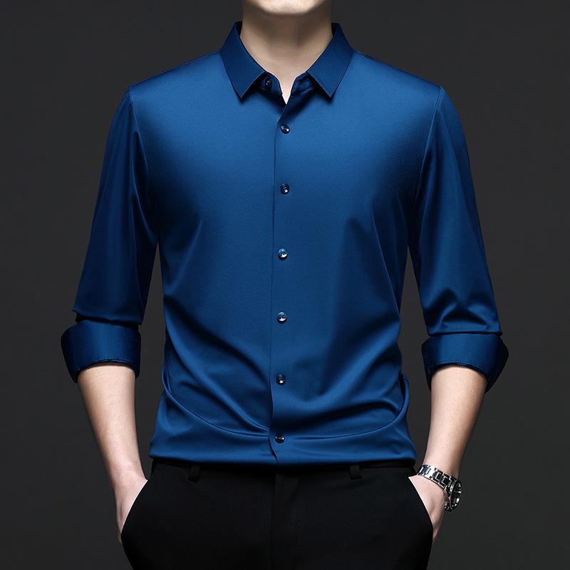 Mens Casual Long Sleeve Seamless Solid Turn Down Collar Regular Fit Shirt