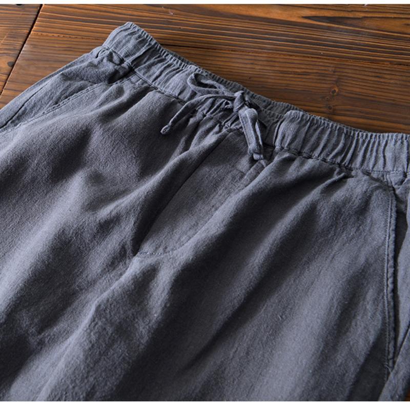 Summer Simple Style Men's Pants Beach Breathable Ramie Cotton Men Trousers Daily Casual Baggy Long Pants Solid Color Drawstring Elastic Waist