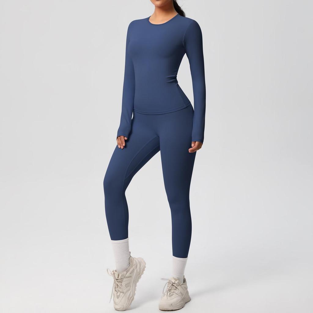 Dual-Sided Solid Color Long-Sleeve Yoga and Running Set - Two-Piece Fitness Outfit