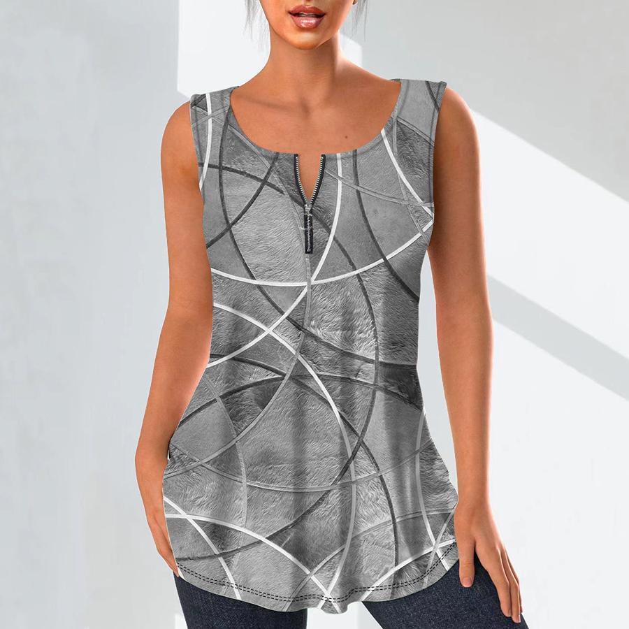 Damenmode V-Ausschnitt Shirts Casual Tops T-Shirt Damen 3D Golden Line Print Weste Übergröße Ärmellose Bluse Tanktops