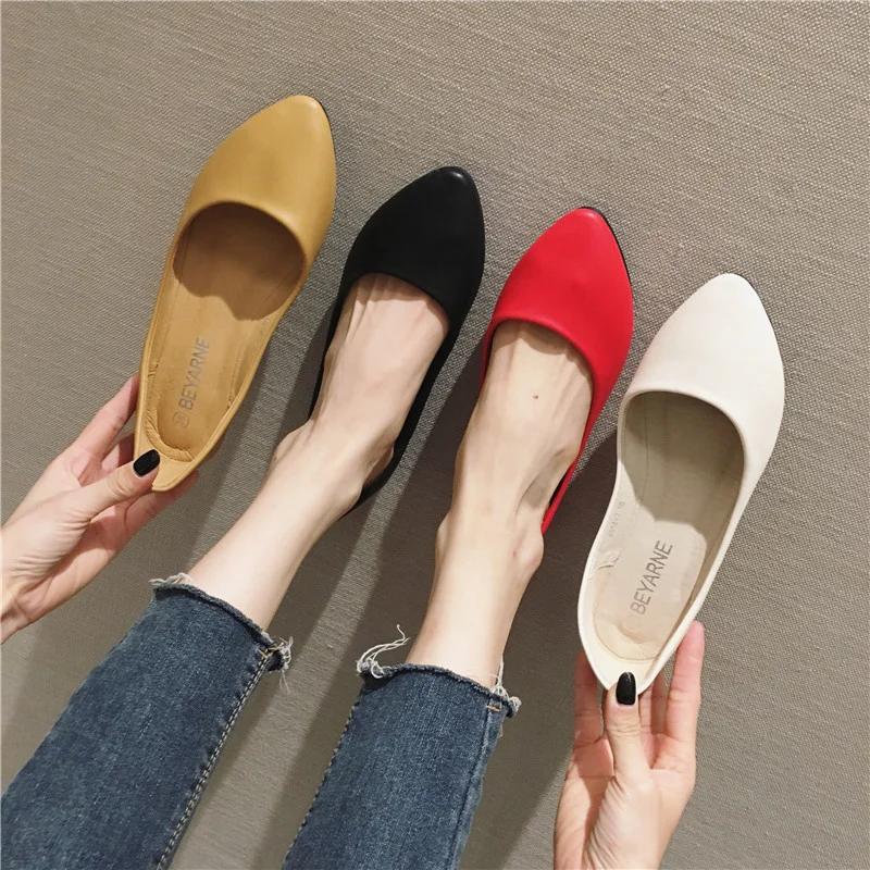 2025 Damenschuhe Leder Weiche Sohle Candy Flachmund Einzelne Schuhe Flacher Absatz Schuhe Slipper Übergröße Reif Zapatos De Mujer
