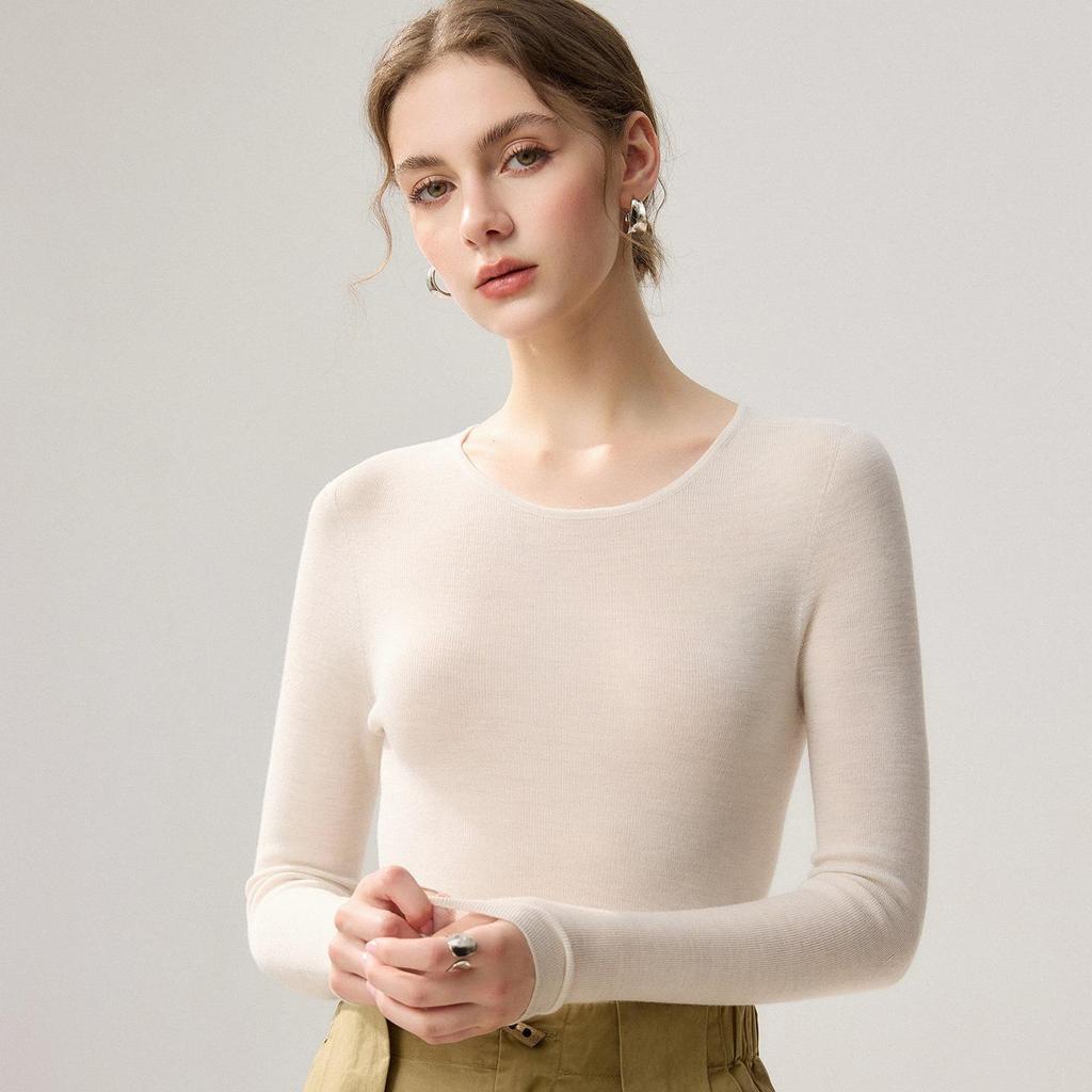 Premium Slim-Fit 100% Pure Wool Women's Round Neck Knit Sweater - Perfect for Autumn and Winter 