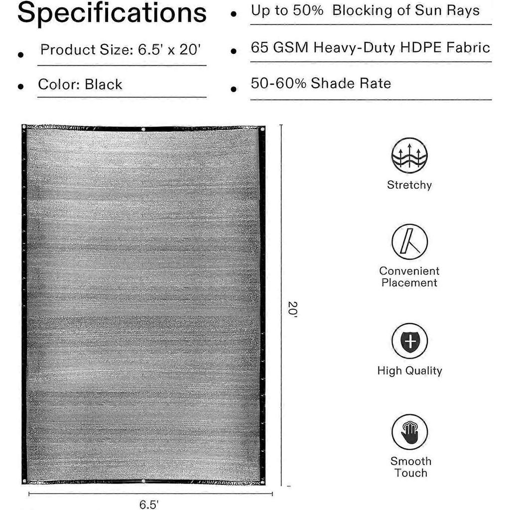 2025 Latest Model  Sunblock Shade Cloth, 50%-60% Shade Net, 6.5' x 20' Black