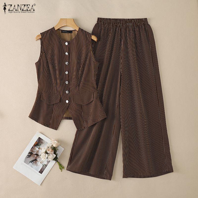 ZANZEA Women Sleeveless Vest Tops and Pants Stripe Print Two Piece Suit Sets