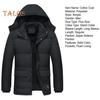 Men Cotton Coat Stand Collar Hooded Long Sleeve Zipper Buttons Placket Jacket Coat Solid Color Thickened Plush Lining Mid-Length Jacket