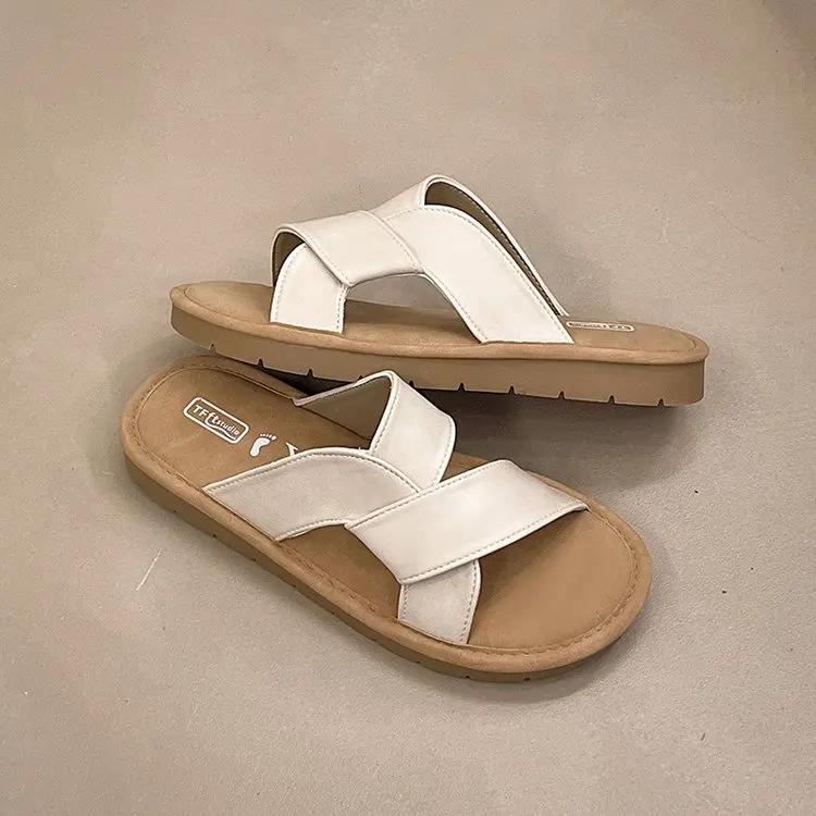 Fashion 2024 Fashion Hot Selling High Quality Summer Women's Slippers Open Toe Flat Heel Comfortable Outerwear Solid Color Women's Shoes