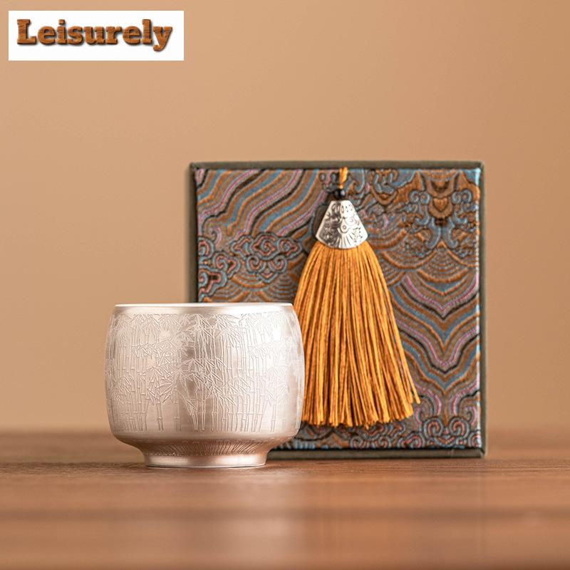 High End 999 Gilded Silver Ceramic TEACUP Green Bamboo Pattern Master Cup Personal Tea Bowl Special Chazhan Teaware Drinking