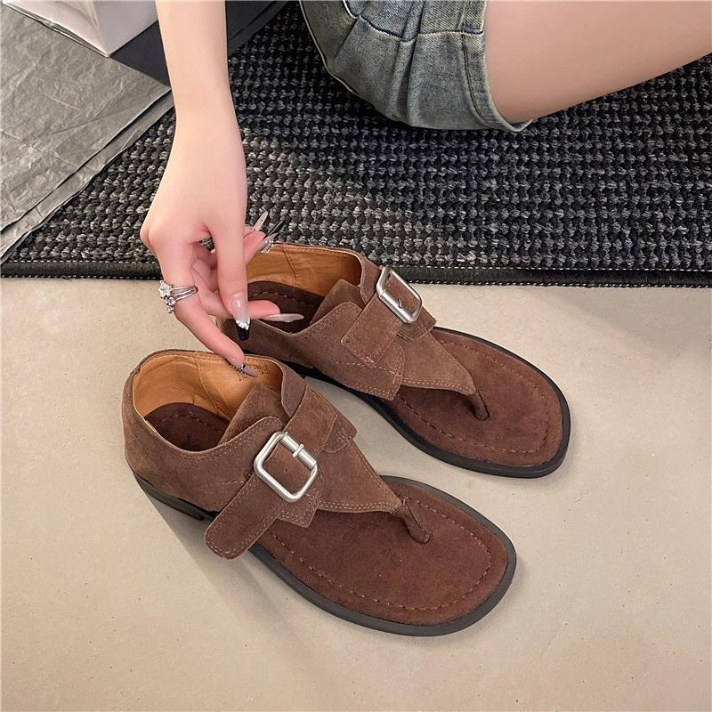 Fashion 2025 Newest Summer Retro Genuine Leather Thongs Buckle-Strap Woman Gladiator Sandals Mules Flip-Flops Beach Shoes Botas Mujer