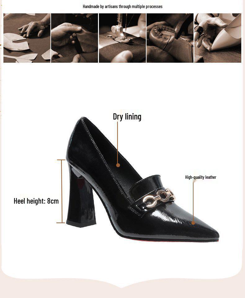 2025 Women's Spring & Autumn Fashion Pointed Toe Chunky Heel Leather Shoes - British Style High Heels