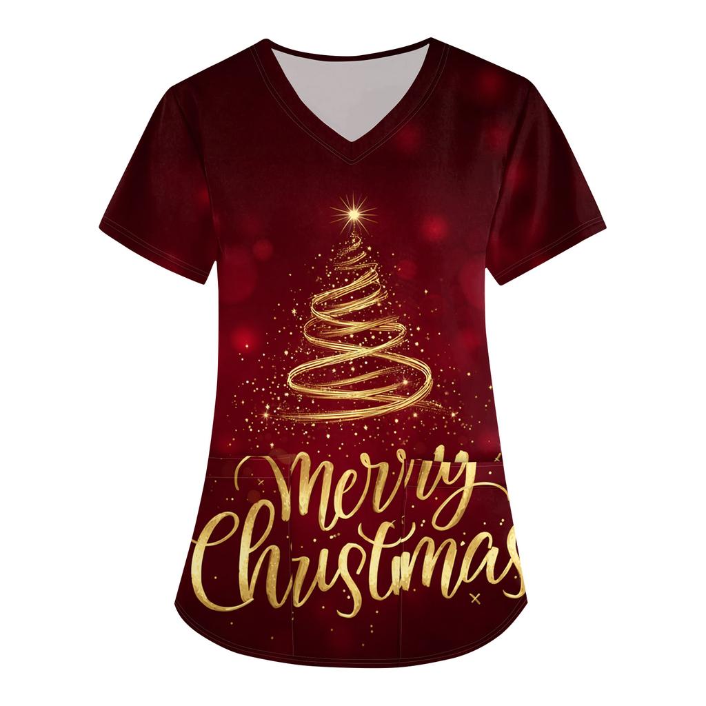 Women's Christmas Print Loose V-Neck Pocket Short-Sleeved Uniform