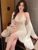 Sexy Pajamas Women's Ice Silk Suspender Nightdress Beautiful Back Lace Backless Pure Desire High-end Nightdress Two-piece Set Summer