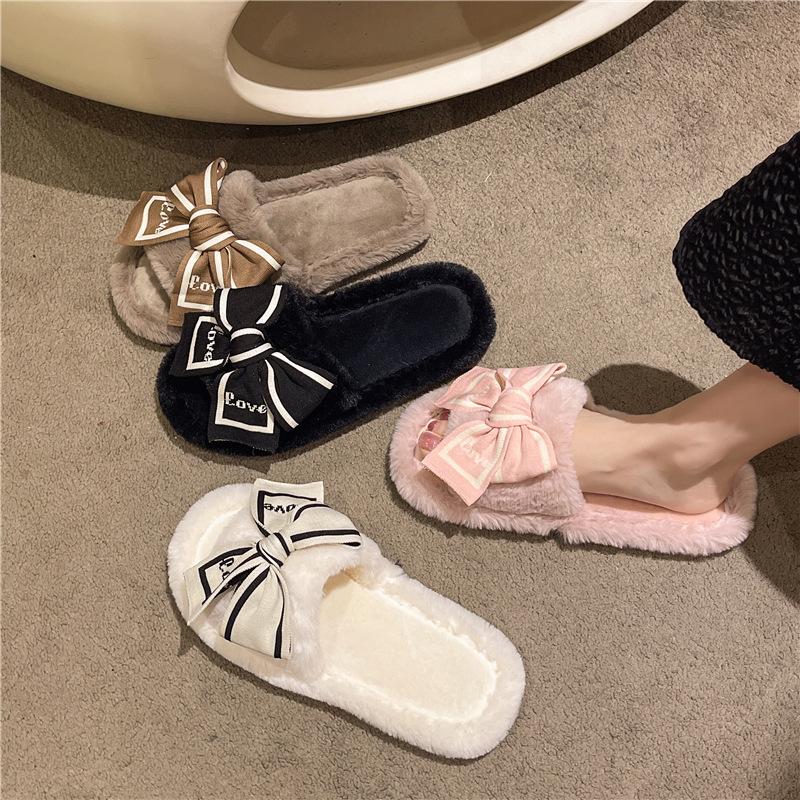 Fashion Casual Fluffy Slippers Women House Flats Fashion Winter Bowknot Love Designer Shoes Ladies Home Plush Platform Elegant Footwear