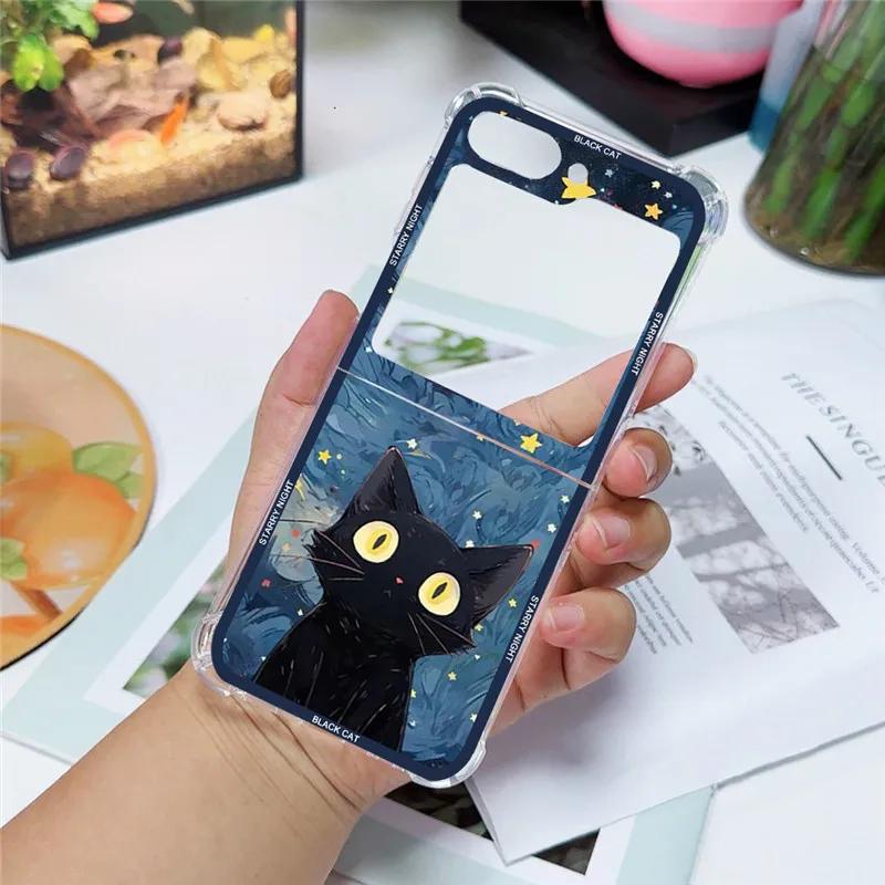 Artistic Black Cat Starry Night Phone Case For Samsung Galaxy Z Flip 6 5 4 3 5G Shockproof Cover For Samsung ZFlip3 Flip4 ZFlip5