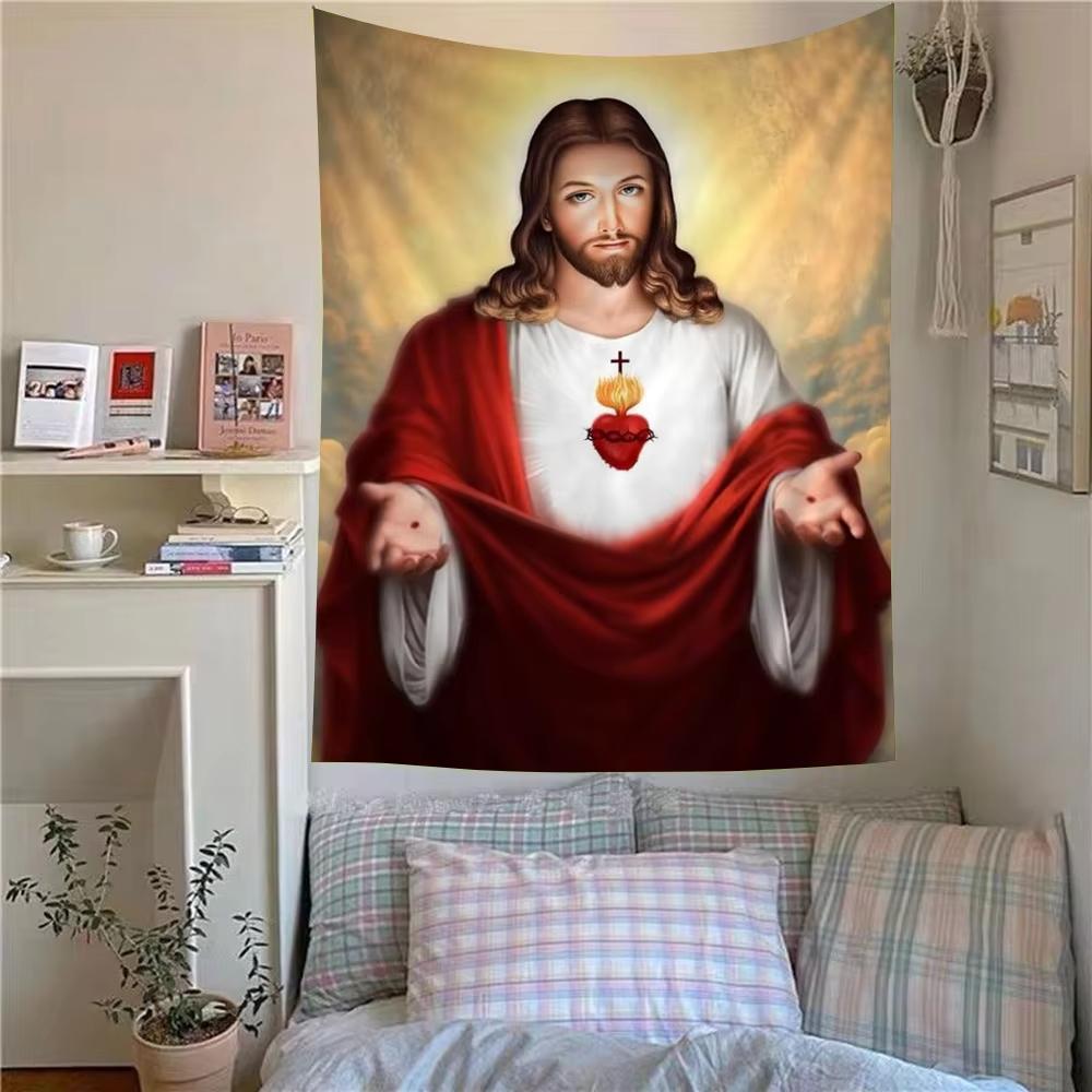 VIKAMA Scandinavian Icon Tapestry Virgin Mary Hand Painted Halo Clouds Starburst Church Meditation Room Bedroom Religious Art