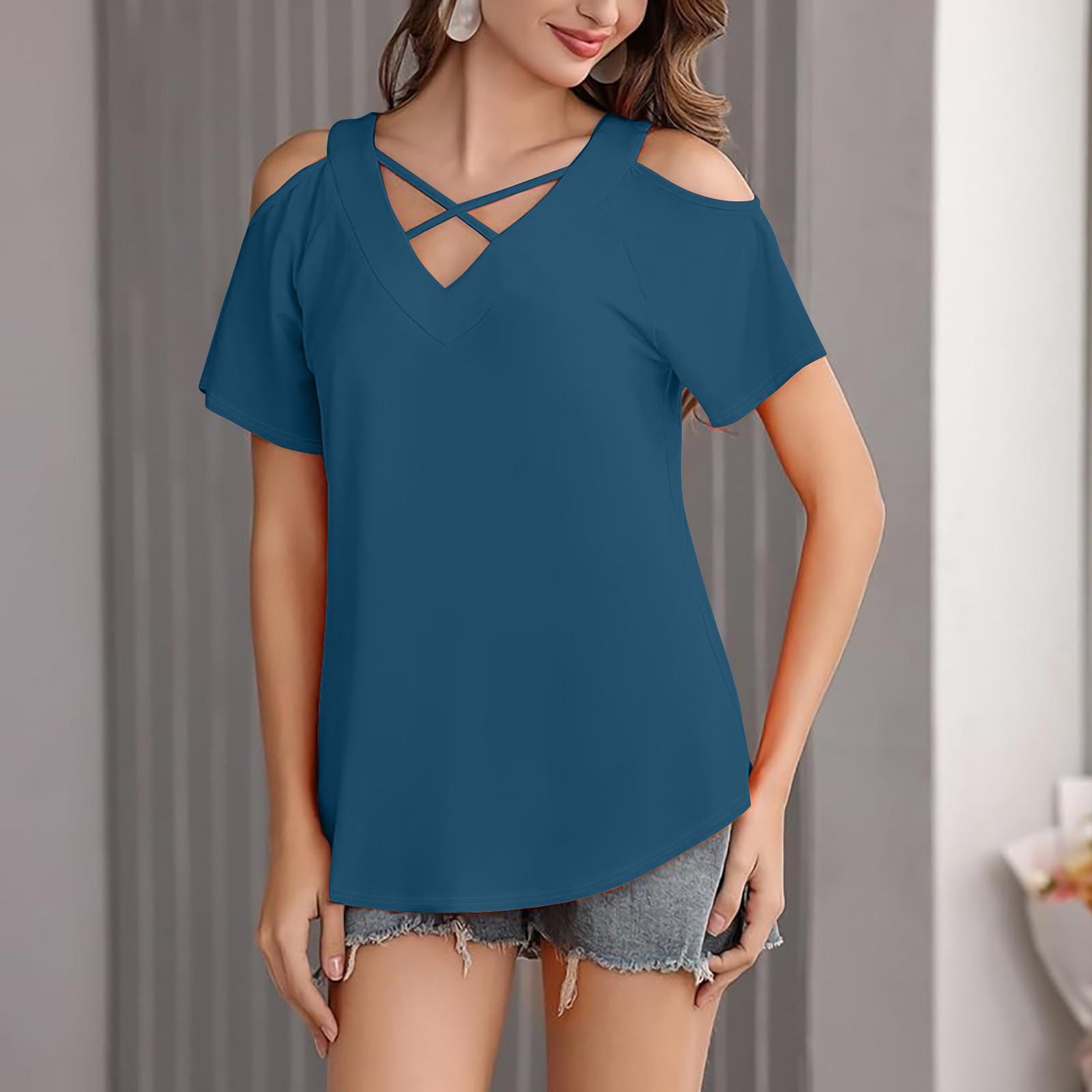 

Женская однотонная повседневная футболка с открытыми плечами, V-образным вырезом и короткими рукавами S синий